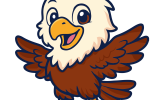 Cheerful cartoon eagle mascot with white head, brown body, and open wings.