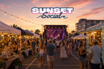 Sunset Social outdoor festival with a stage, crowd, string lights, and warm evening sky in an urban waterfront setting.