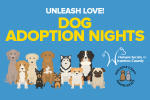 Blue flyer for 'Unleash Love! Dog Adoption Nights' with a row of dogs of different breeds inviting adoption.