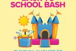 Colorful cartoon banner for a school bash showing a castle-shaped building, sun, and party supplies on a yellow background.